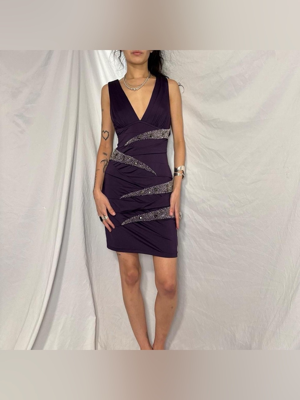 NIKIBIKI Purple Satin Bandage Dress W Silver Beaded Panels